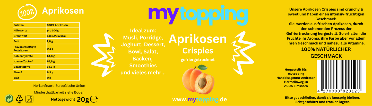 Aprikosen Crispies , gefriergetrocknete vitaminreiche Aprikosen Würfel 100% Natur für Müsli, Porridge, Joghurt, Dessert, Bowl, Backen, Smoothies, Topping