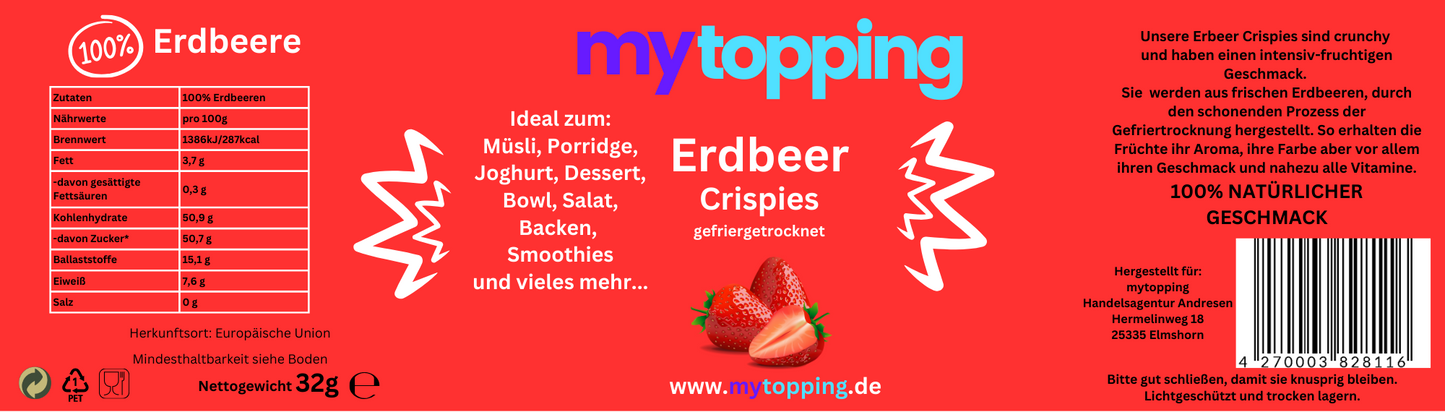 Erdbeer Crispies, gefriergetrocknete vitaminreiche Erdbeer Würfel 100% Natur für Müsli, Porridge, Joghurt, Dessert, Bowl, Backen, Smoothies, Topping