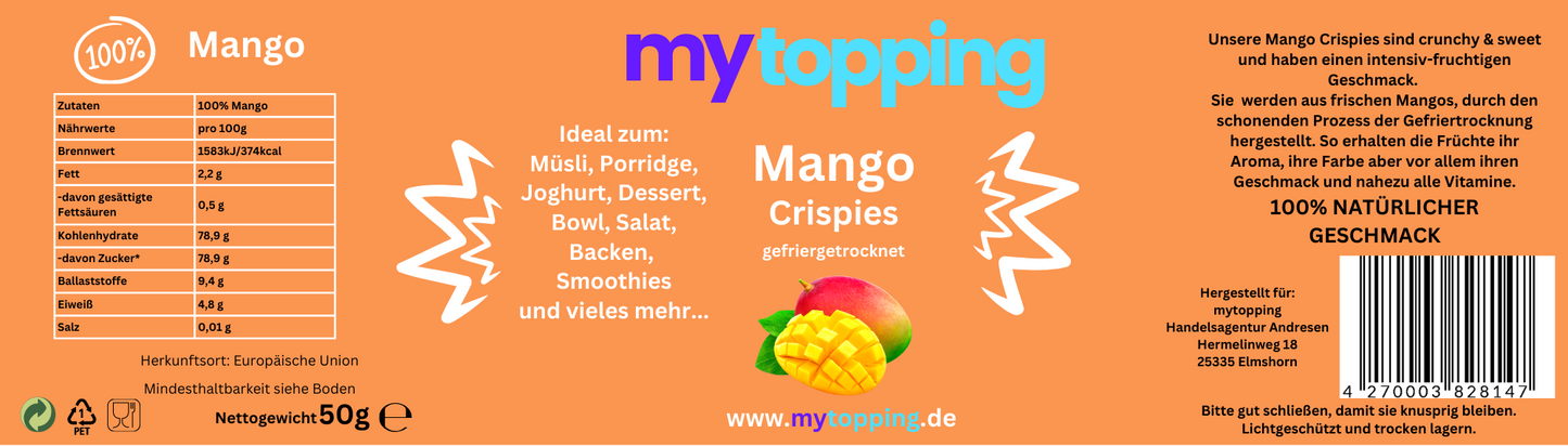 Mango Crispies, gefriergetrocknete vitaminreiche Mango Würfel 100% Natur für Müsli, Porridge, Joghurt, Dessert, Bowl, Backen, Smoothies, Topping