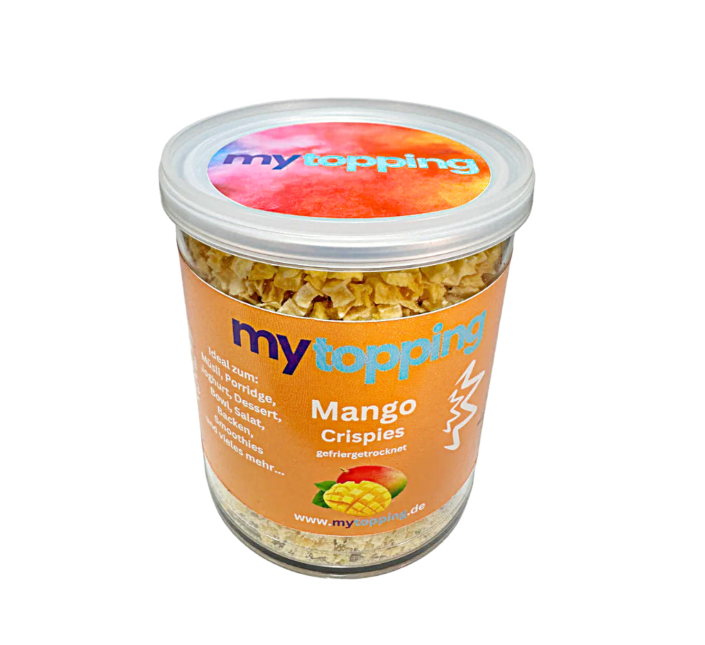 Mango Crispies, gefriergetrocknete vitaminreiche Mango Würfel 100% Natur für Müsli, Porridge, Joghurt, Dessert, Bowl, Backen, Smoothies, Topping