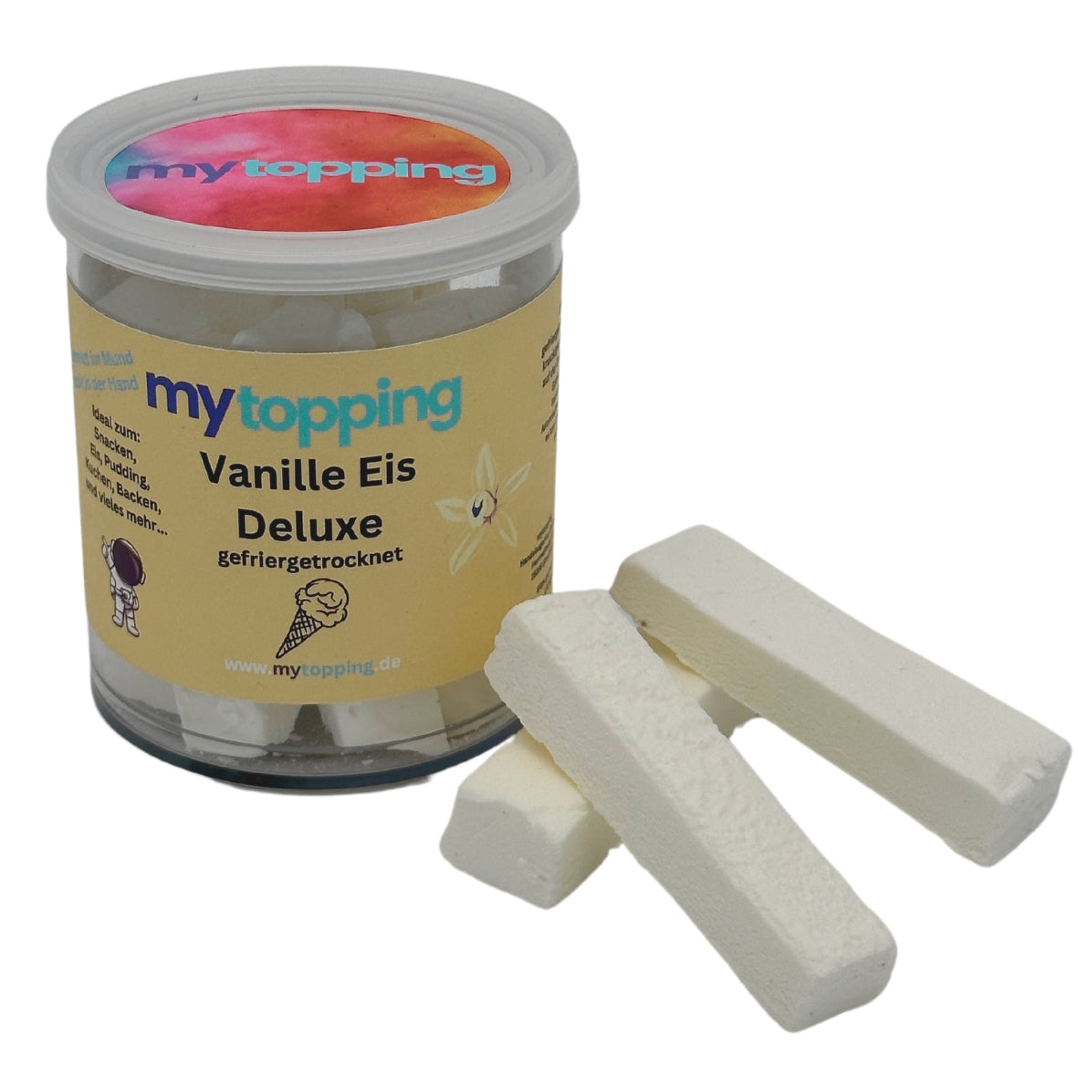Vanille Eis Deluxe, gefriergetrocknetes Vanille Eis zum Snacken, Joghurt, Kuchen, Dessert, Backen, Smoothies, Topping